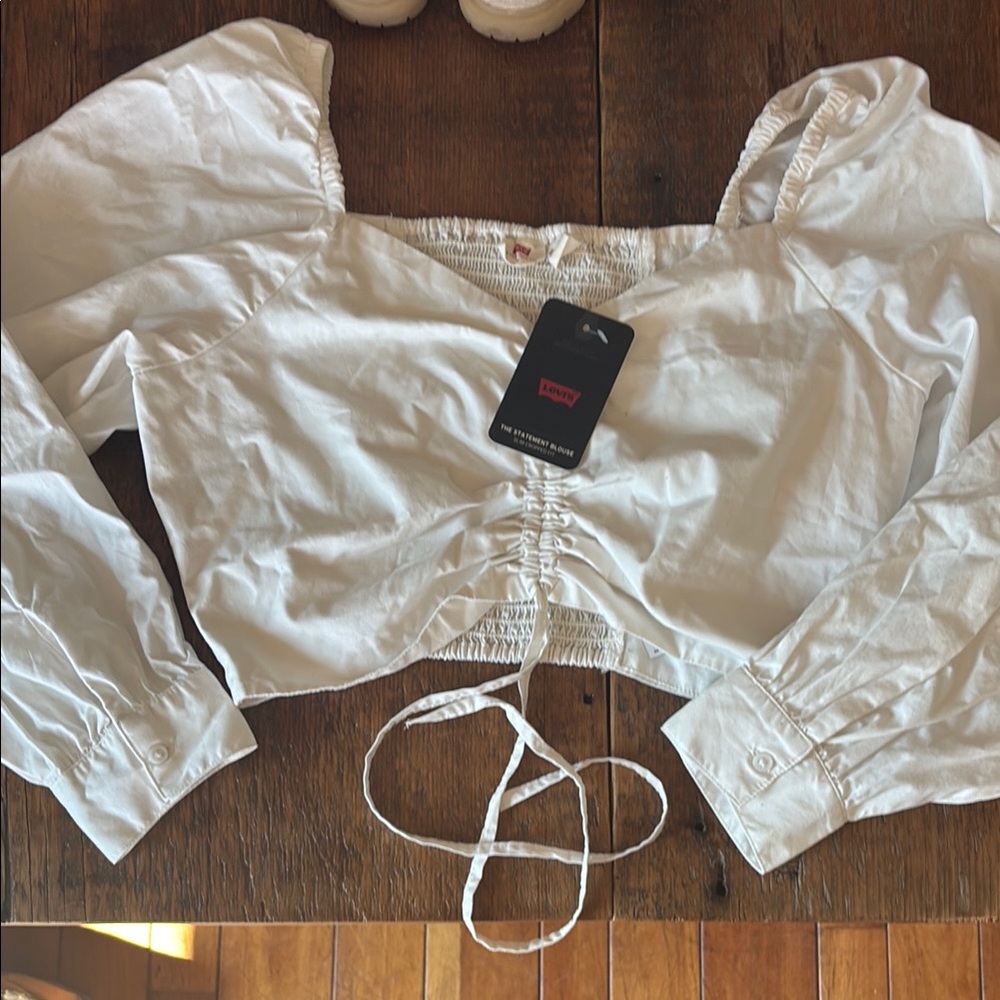 Levi's White Long Sleeve Tie Front Crop Blouse